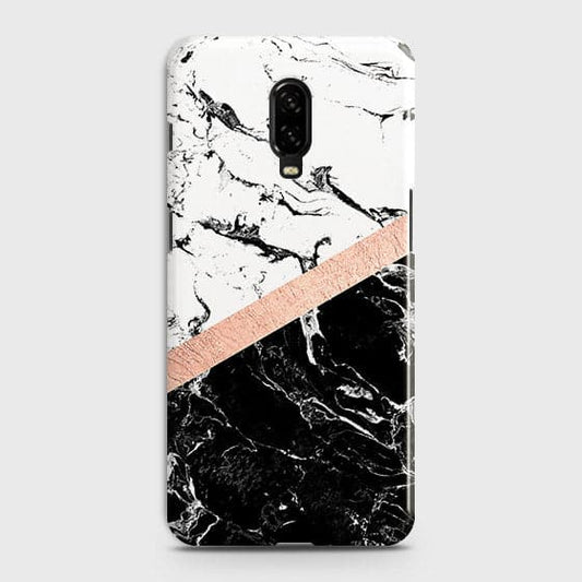 Printed Black & White Marble With Chic RoseGold Strip Case with Life Time Color Guarantee For OnePlus 6T ( Fast Delivery )