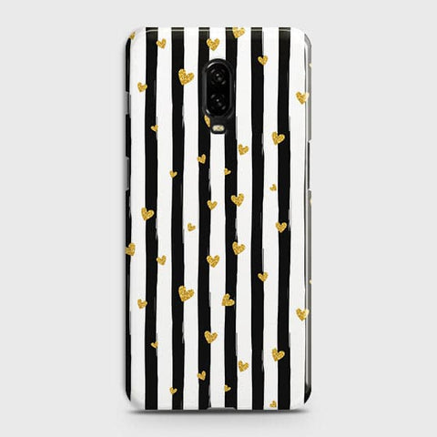 OnePlus 6T Cover - Trendy Black & White Lining With Golden Hearts Printed Hard Case with Life Time Colors Guarantee b52 ( Fast Delivery )