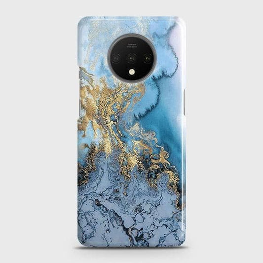 OnePlus 7T Cover - Trendy Golden & Blue Ocean Marble Printed Hard Case with Life Time Colors Guarantee ( Fast Delivery )(MA)