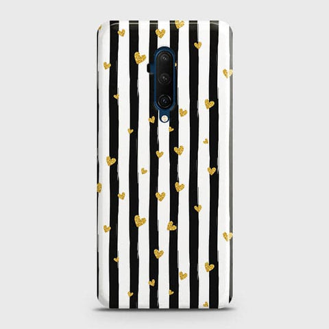 OnePlus 7T Pro Cover - Trendy Black & White Lining With Golden Hearts Printed Hard Case with Life Time Colors Guarantee(b31) ( Fast Delivery )