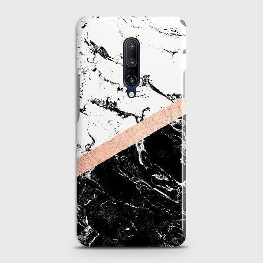 OnePlus 7 Pro Cover - Black & White Marble With  Chic RoseGold Strip Case with Life Time Colors Guarantee b74 ( Fast Delivery )