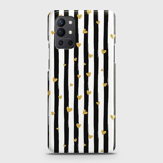 OnePlus 9R Cover - Trendy Black & White Lining With Golden Hearts Printed Hard Case with Life Time Colors Guarantee b54 ( Fast Delivery )