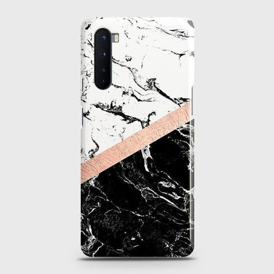 OnePlus Nord Cover - Black & White Marble With Chic RoseGold Strip Case with Life Time Colors Guarantee b-72 ( fast Delivery )