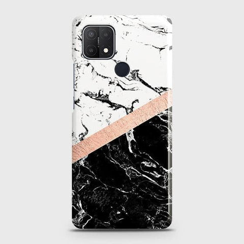 Oppo A15 Cover - Black & White Marble With Chic RoseGold Strip Case with Life Time Colors Guarantee (Fast Delivery)