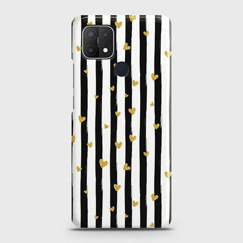 Oppo A15s Cover - Trendy Black & White Lining With Golden Hearts Printed Hard Case with Life Time Colors Guarantee ( Fast Delivery )