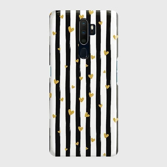 Oppo A9 2020 Cover - Trendy Black & White Lining With Golden Hearts Printed Hard Case with Life Time Colors Guarantee ( Fast Delivery )