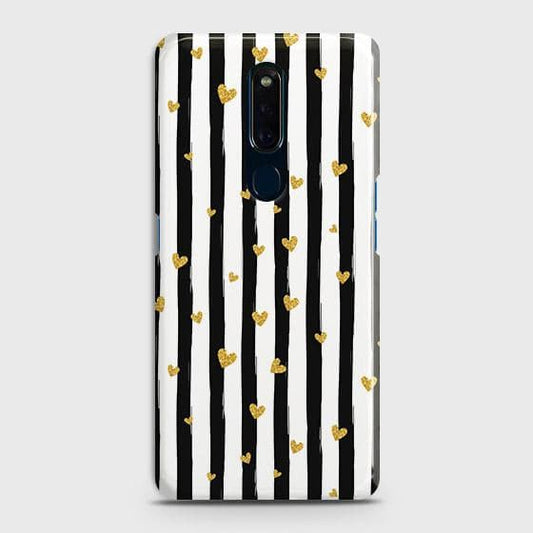 Oppo F11 Cover - Trendy Black & White Lining With Golden Hearts Printed Hard Case with Life Time Colors Guarantee(1) ( Fast Delivery )