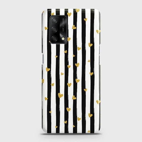 Oppo A74 Cover - Trendy Black & White Lining With Golden Hearts Printed Hard Case with Life Time Colors Guarantee B (39)1 ( Fast Delivery )