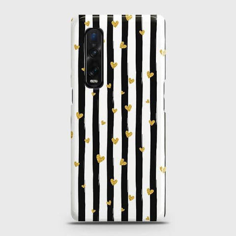 Oppo Find X2 Pro Cover - Trendy Black & White Lining With Golden Hearts Printed Hard Case with Life Time Colors Guarantee ( Fast Delivery )