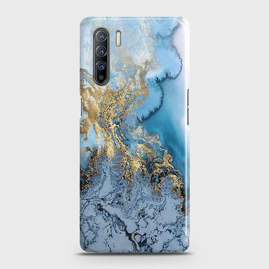 Oppo Reno 3 Cover - Trendy Golden & Blue Ocean Marble Printed Hard Case with Life Time Colors Guarantee (Fast Delivery)