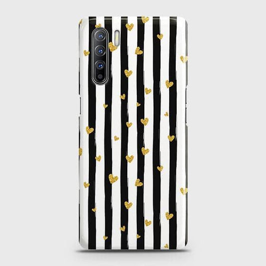 Oppo F15 Cover - Trendy Black & White Lining With Golden Hearts Printed Hard Case with Life Time Colors Guarantee b48 ( Fast Delivery )