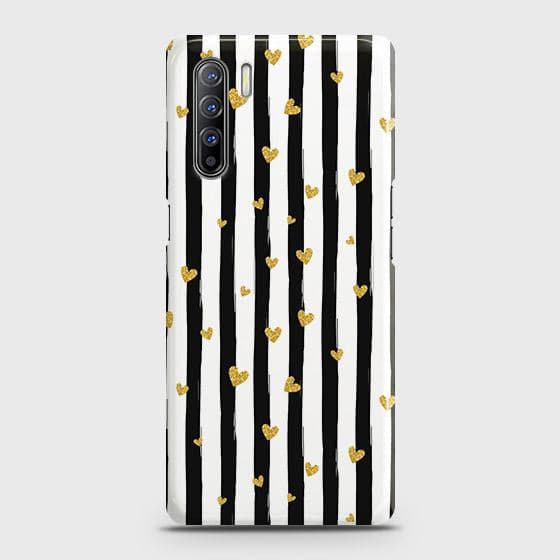 Oppo Reno 3 Cover - Trendy Black & White Lining With Golden Hearts Printed Hard Case with Life Time Colors Guarantee b48 ( Fast Delivery )