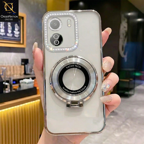 Xiaomi Redmi 13C Cover - Silver - Luxury Diamond Rhinestones Color Electroplating Borders Magsafe Magnetic Stand Holder Soft Clear Case With Camera Protection