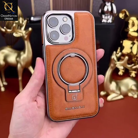 iPhone 16 Pro Max Cover - Brown - New Rimbmax High Quality Leather Case With Metal Camera Ring And KickStand