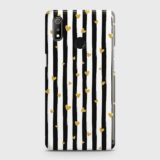 Realme 3i Cover - Trendy Black & White Lining With Golden Hearts Printed Hard Case with Life Time Colors Guarantee ( Fast Delivery )