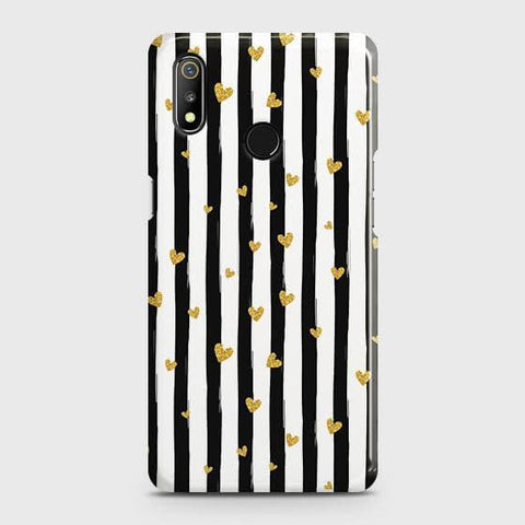 Realme 3i Cover - Trendy Black & White Lining With Golden Hearts Printed Hard Case with Life Time Colors Guarantee ( Fast Delivery )