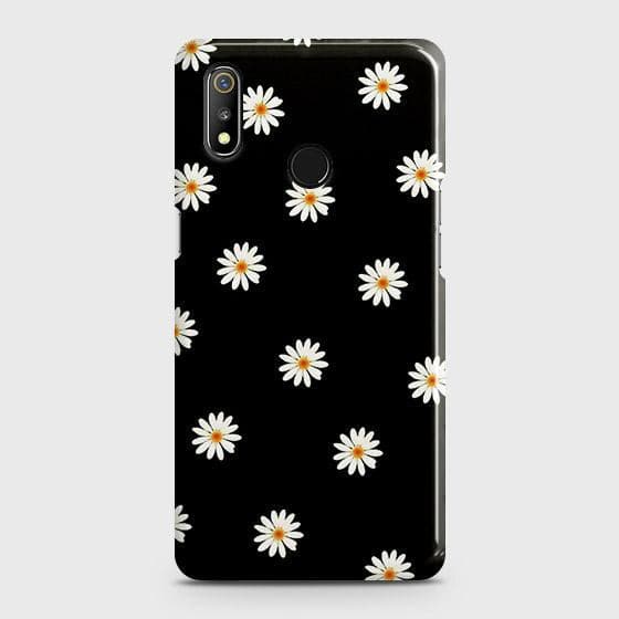 Realme 3 Cover - Matte Finish - White Bloom Flowers with Black Background Printed Hard Case with Life Time Colors Guarantee (Fast Delivery)