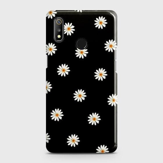Realme 3i Cover - Matte Finish - White Bloom Flowers with Black Background Printed Hard Case with Life Time Colors Guarantee (Fast Delivery)