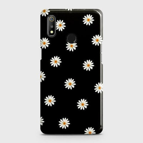 Realme 3i Cover - Matte Finish - White Bloom Flowers with Black Background Printed Hard Case with Life Time Colors Guarantee (Fast Delivery)