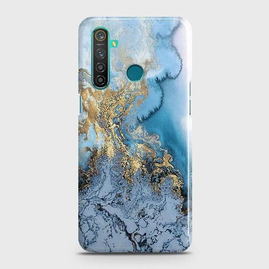 Realme_5i Cover - Trendy Golden & Blue Ocean Marble Printed Hard Case with Life Time Colors Guarantee ( Fast Delivery )