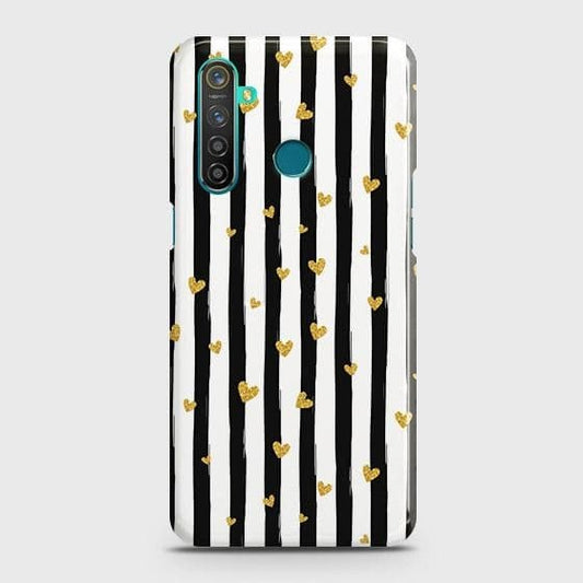 Realme 5s Cover - Trendy Black & White Lining With Golden Hearts Printed Hard Case with Life Time Colors Guarantee b50 ( Fast Delivery )