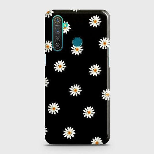 Realme 5 Cover - Matte Finish - White Bloom Flowers with Black Background Printed Hard Case with Life Time Colors Guarantee (Fast Delivery)