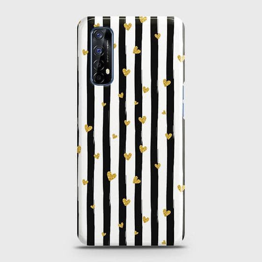 Realme 7 Cover - Trendy Black & White Lining With Golden Hearts Printed Hard Case with Life Time Colors Guarantee ( Fast Delivery )