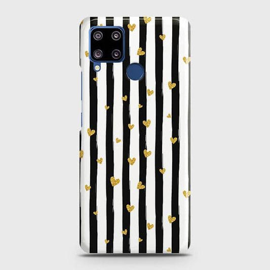 Realme C15 Cover - Trendy Black & White Lining With Golden Hearts Printed Hard Case with Life Time Colors Guarantee (Fast Delivery)