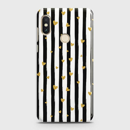Xiaomi Mi A2 Lite / Redmi 6 Pro Cover - Trendy Black & White Lining With Golden Hearts Printed Hard Case with Life Time Colors Guarantee (Fast Delivery)