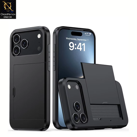 iPhone 17 Pro Max Cover - Black - Mobile Case Sliding Wallet Card Holder and shockproof bumper edges