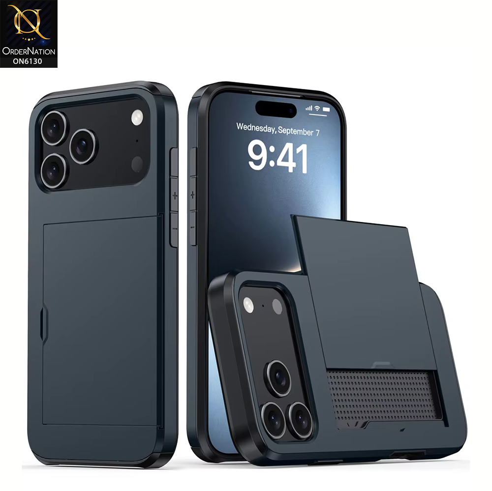 iPhone 17 Pro Max Cover - Navy Blue - Mobile Case Sliding Wallet Card Holder and shockproof bumper edges