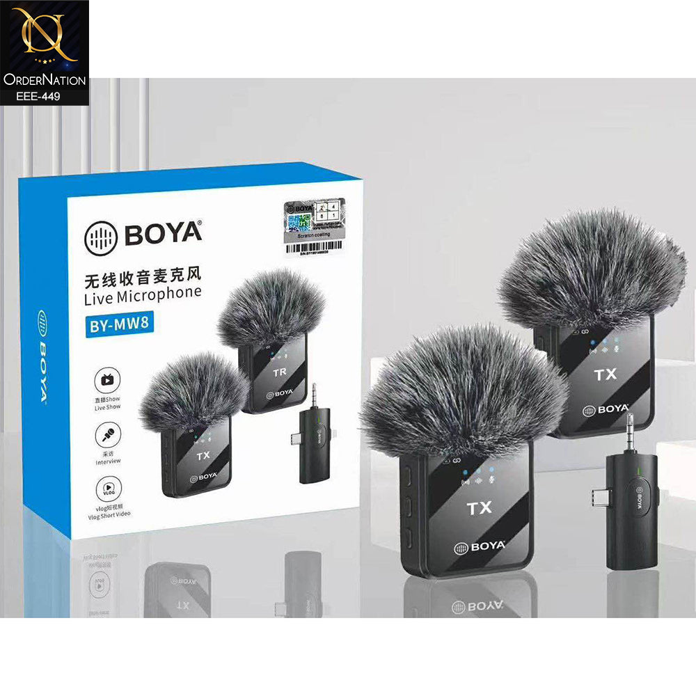 BOYA BY-MW8 Wireless Live Microphone for Vlogging, Interviews & Content Creation With Type C & Lightning & 3.5 MM Audio Adapter