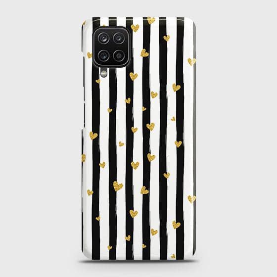 Samsung Galaxy A12 Cover - Trendy Black & White Lining With Golden Hearts Printed Hard Case with Life Time Colors Guaratee ( Fast Delivery )
