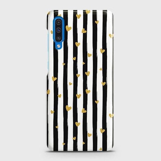 Samsung Galaxy A50 Cover - Trendy Black & White Lining With Golden Hearts Printed Hard Case with Life Time Colors Guarantee ( Fast Delivery )