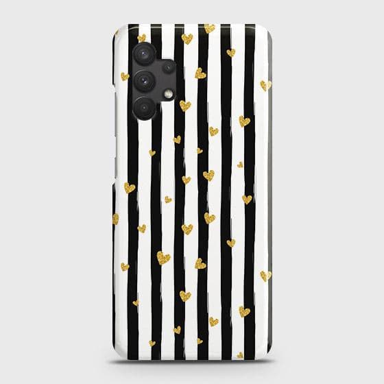 Samsung Galaxy A32 4G Cover - Trendy Black & White Lining With Golden Hearts Printed Hard Case with Life Time Colors Guarante ( Fast Delivery )