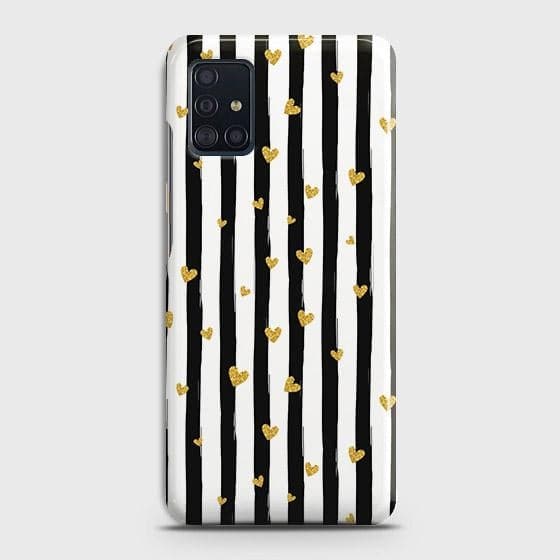 Samsung Galaxy A51 Cover - Trendy Black & White Lining With Golden Hearts Printed Hard Case with Life Time Colors Guarantee ( Fast Delivery )
