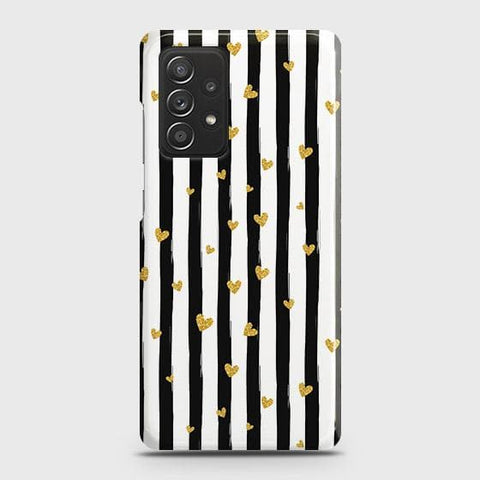 Samsung Galaxy A52 Cover - Trendy Black & White Strips With Golden Hearts Printed Hard Case with Life Time Colors Guarantee (Fast Delivery)