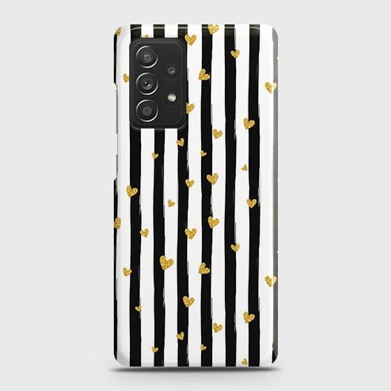 Samsung Galaxy A52s 5G Cover - Trendy Black & White Strips With Golden Hearts Printed Hard Case with Life Time Colors Guarantee (Fast Delivery)