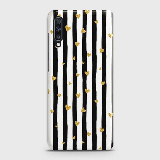 Samsung Galaxy A70 Cover - Trendy Black & White Lining With Golden Hearts Printed Hard Case with Life Time Colors Guarantee ( Fast Delivery )