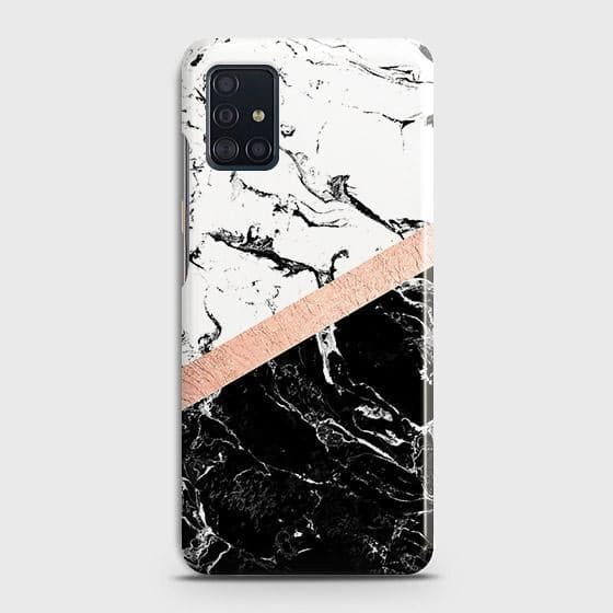 Samsung Galaxy A71 Cover - Black & White Marble With Chic RoseGold Strip Case with Life Time Colors Guarantee ( Fast Delivery )