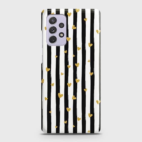 Samsung Galaxy A72 Cover - Trendy Black & White Lining With Golden Hearts Printed Hard Case with Life Time Colors Guarantee ( Fast Delivery )