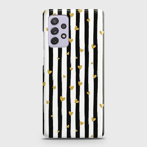 Samsung Galaxy A72 Cover - Trendy Black & White Lining With Golden Hearts Printed Hard Case with Life Time Colors Guarantee ( Fast Delivery )