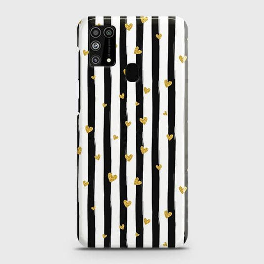 Samsung Galaxy M31 Cover - Trendy Black & White Lining With Golden Hearts Printed Hard Case with Life Time Colors Guarantee (Fast Delivery)