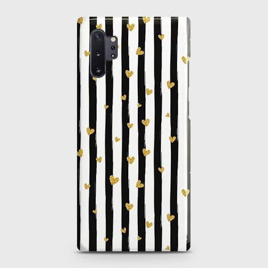 Samsung Galaxy Note 10 Plus Cover - Trendy Black & White Lining With Golden Hearts Printed Hard Case with Life Time Colors Guarantee ( Fast Delivery )