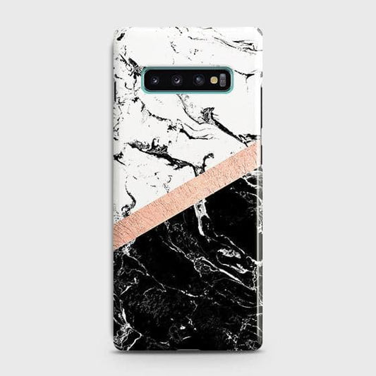 Samsung Galaxy S10 Cover - Black & White Marble With Chic RoseGold Strip Case with Life Time Colors Guarantee ( Fast Delivery )
