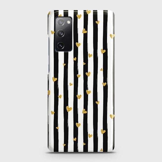 Samsung Galaxy S20 FE Cover - Trendy Black & White Lining With Golden Hearts Printed Hard Case with Life Time Colors Guarantee ( Fast Delivery )
