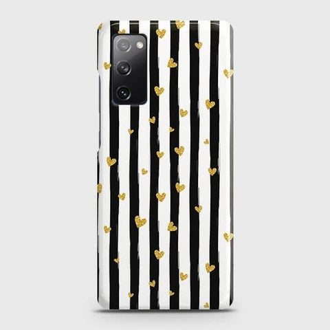 Samsung Galaxy S20 FE Cover - Trendy Black & White Lining With Golden Hearts Printed Hard Case with Life Time Colors Guarantee ( Fast Delivery )
