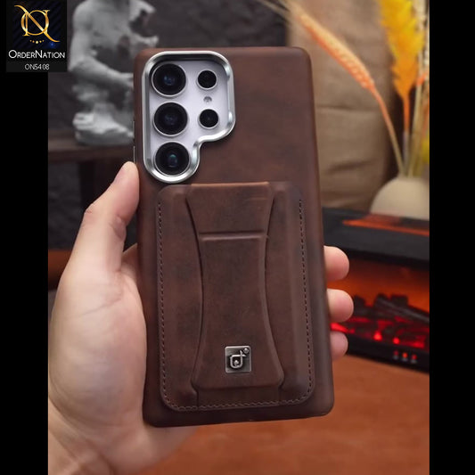 Samsung Galaxy S25 Ultra Cover - Coffee Brown - New Rimbmax High Quality Leather Case With Metal Camera Ring And KickStand