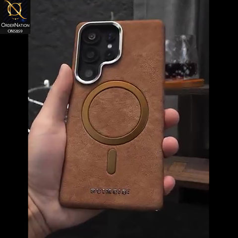 Samsung Galaxy S25 Ultra Cover - Brown - New Luxury Matte Leather Rimbmax Magnetic MagSafe Wireless Charging Soft Case