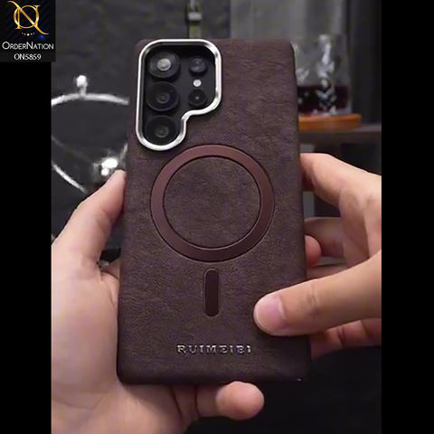 Samsung Galaxy S25 Ultra Cover - Coffee - New Luxury Matte Leather Rimbmax Magnetic MagSafe Wireless Charging Soft Case